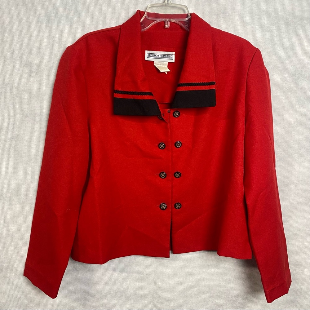 Vtg Jessica Howard Blazer Jacket Women’s Sz 16 Red Black Collar Button Up Flaw